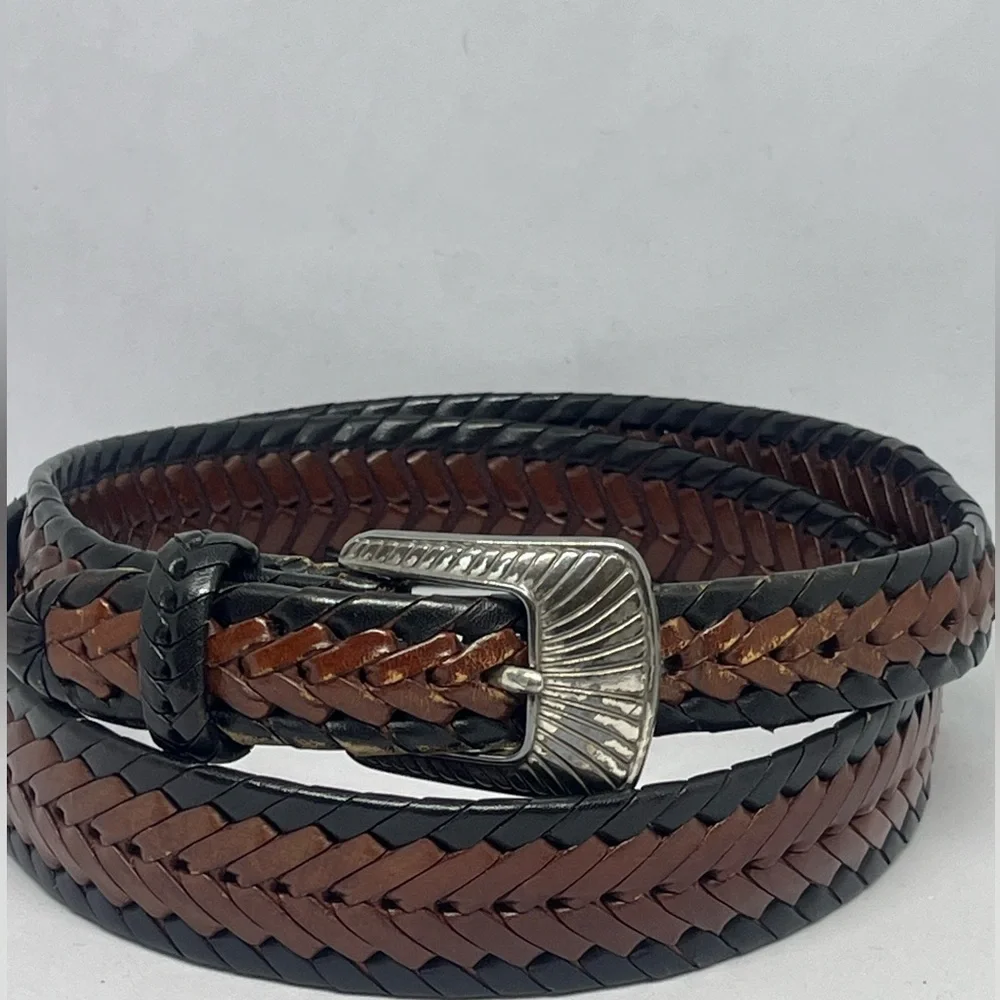 JUSTIN VINTAGE 1996 BRAIDED LEATHER BELT BROWN/ BLACK WITH SILVER BUCKLE SIZE38